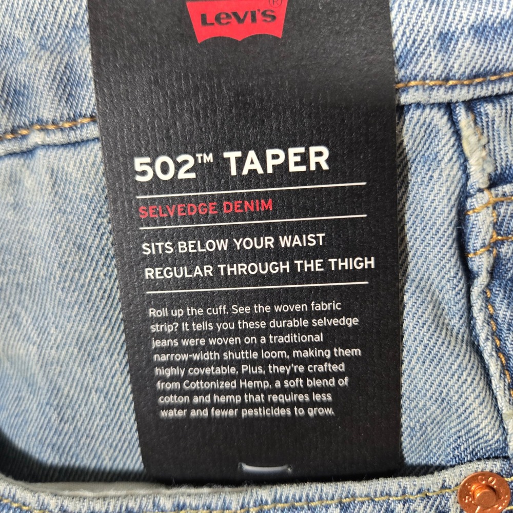 Levis 502 Taper Selvedge Denim Jeans Mens 33x34 Light Wash Cotton Hemp - Picture 3 of 9